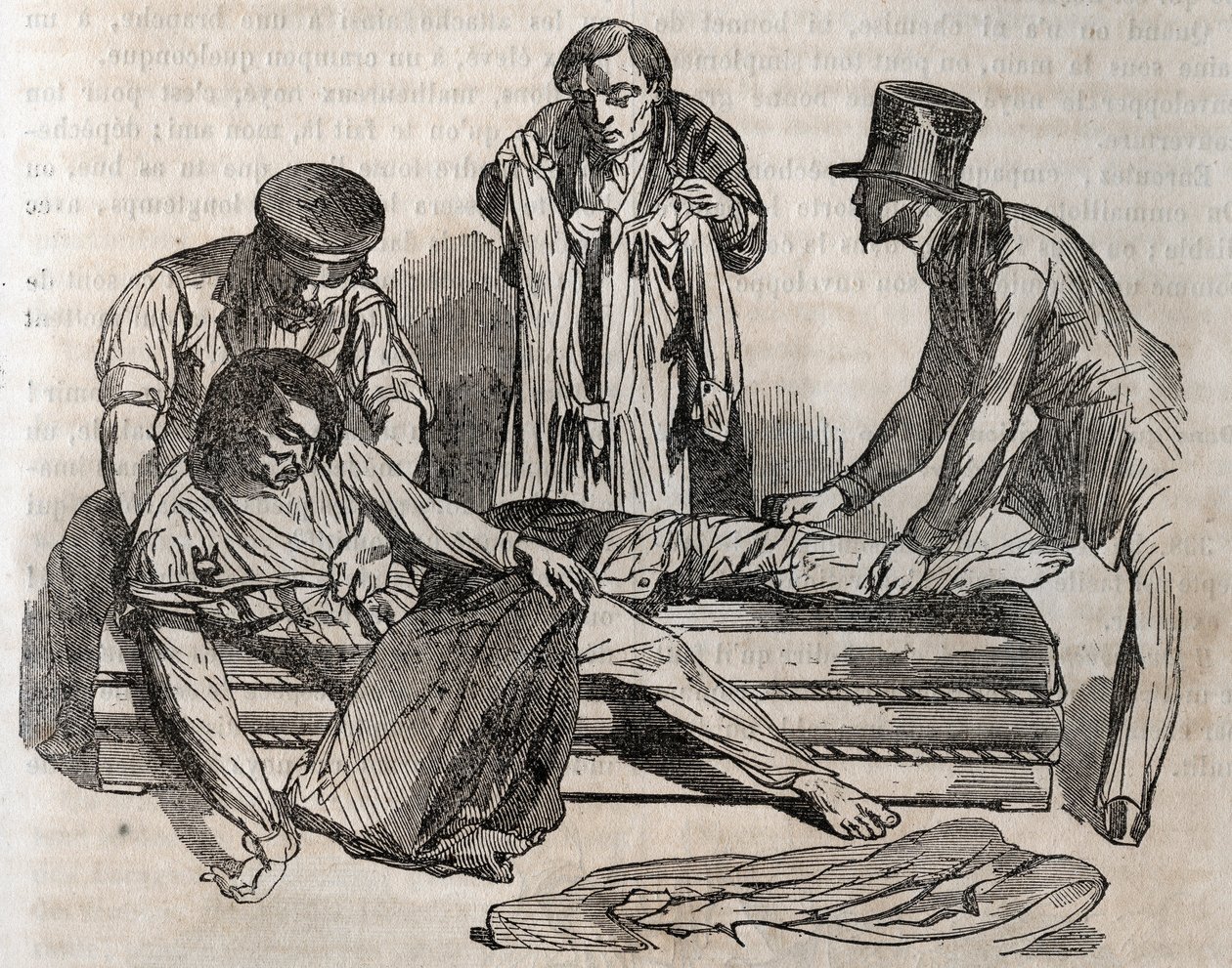 Accident medicine - on the most effective relief to be given to the drowned people - to undress as quickly as possible, you must tear the wet effects - engraving in La Sante Universelle - Guide Medical des Familles 1852 by Unknown artist