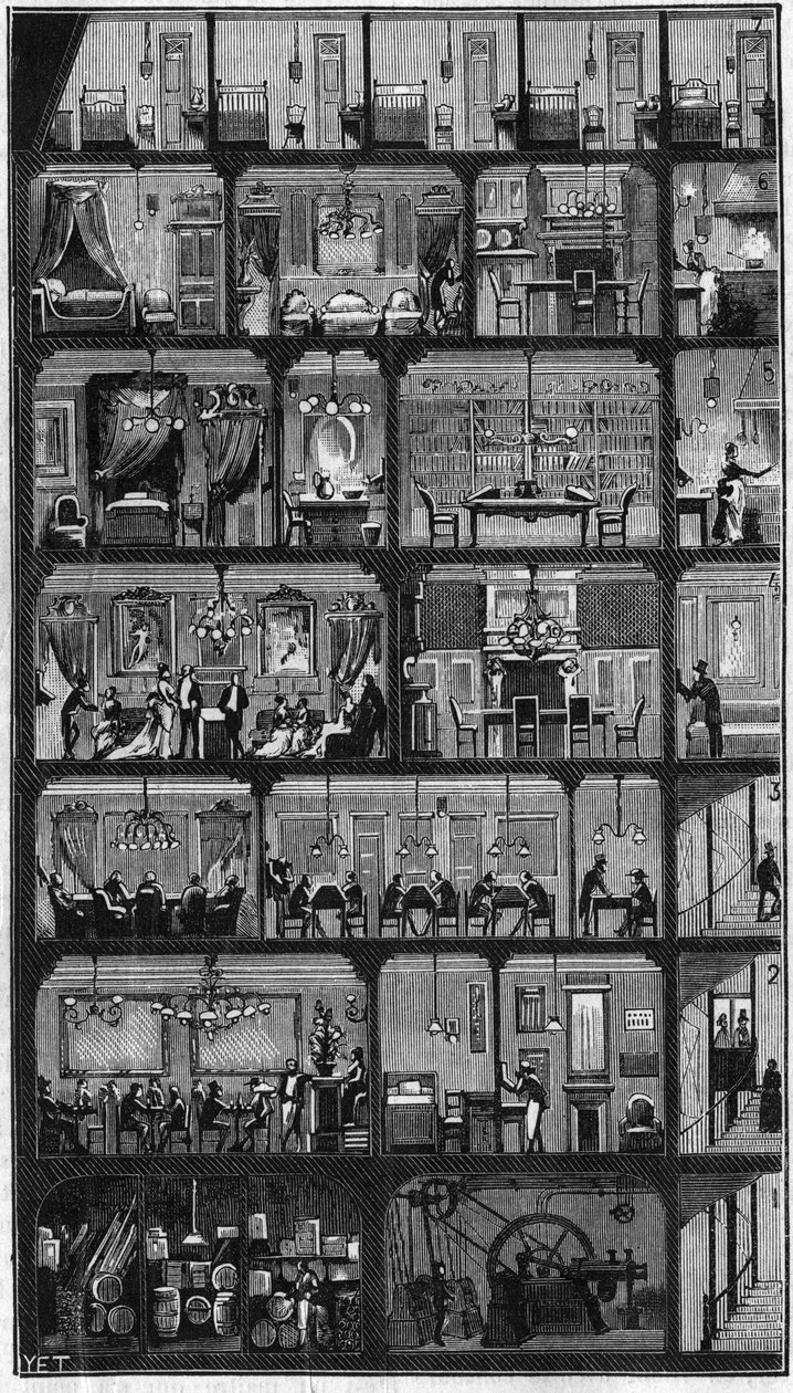 Accommodation in Paris - Cross section of a Haussmann building in Paris in 1885. Upstairs the good rooms and in the other floors, offices, apartments and reception room. Engraving in 