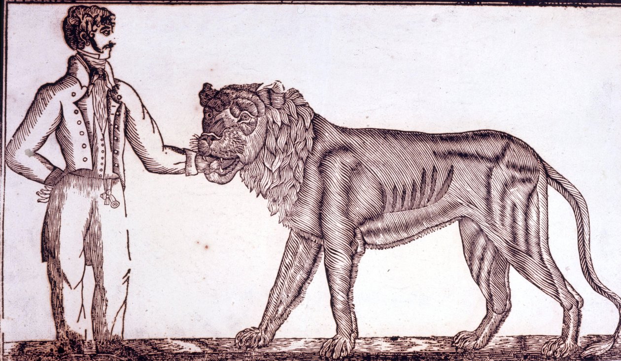 Advertising for the circus in 1800 depicting a tamer putting his hand in the mouth of a lion. by Unknown artist