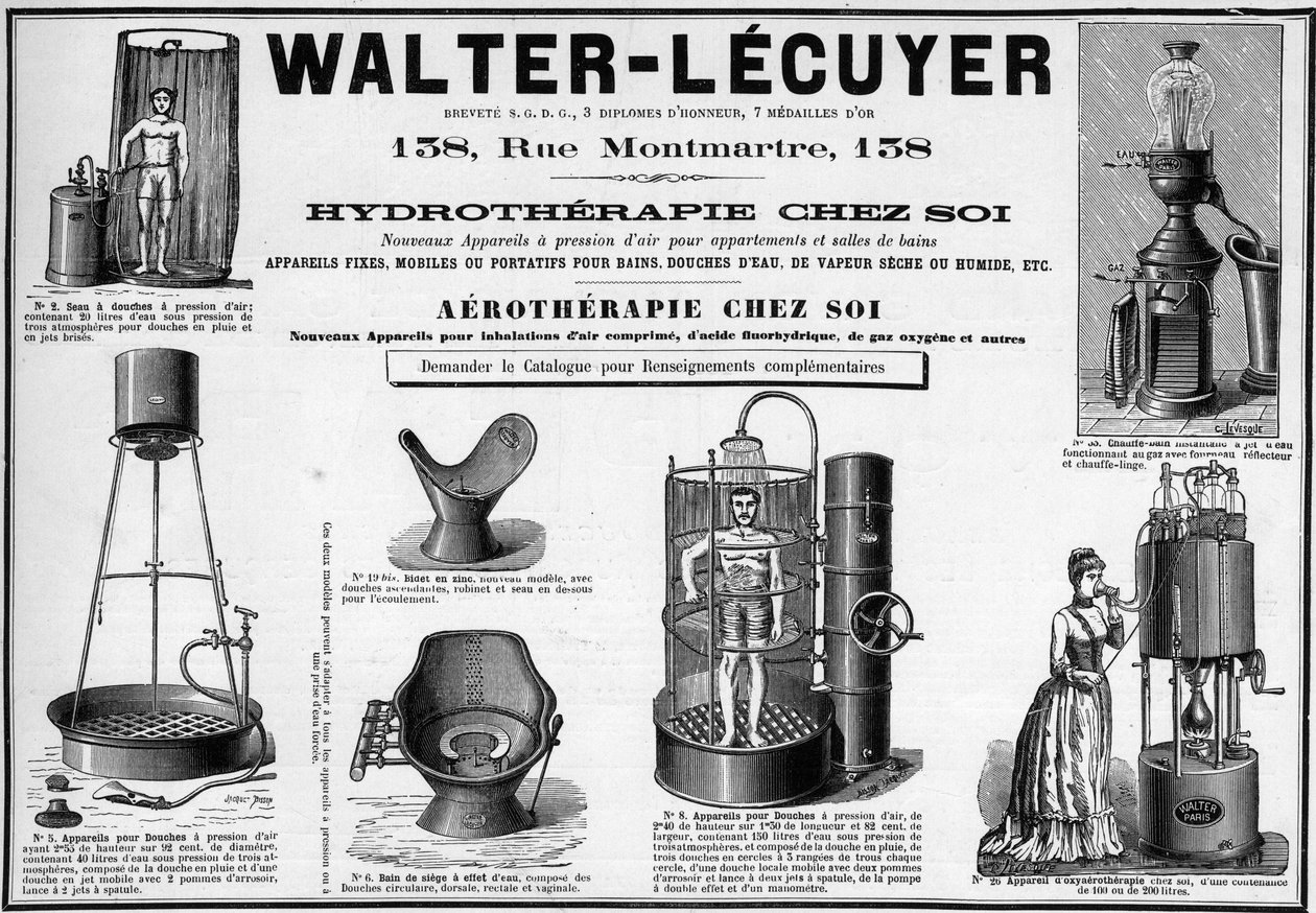 Advertising of 1889 for mobile fixtures for baths, water showers, dry or wet steam, bidet, brand Walter-Lecuyer by Unknown artist