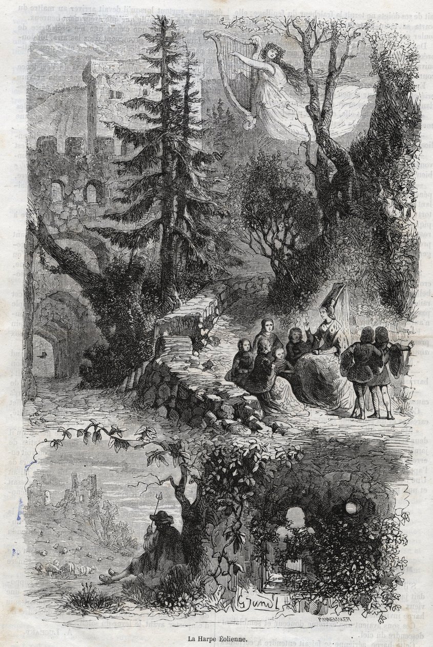 Aeolian Harp - Wind Harp - Musical Instrument Played by the Wind - Engraving from 1860 by Unknown artist