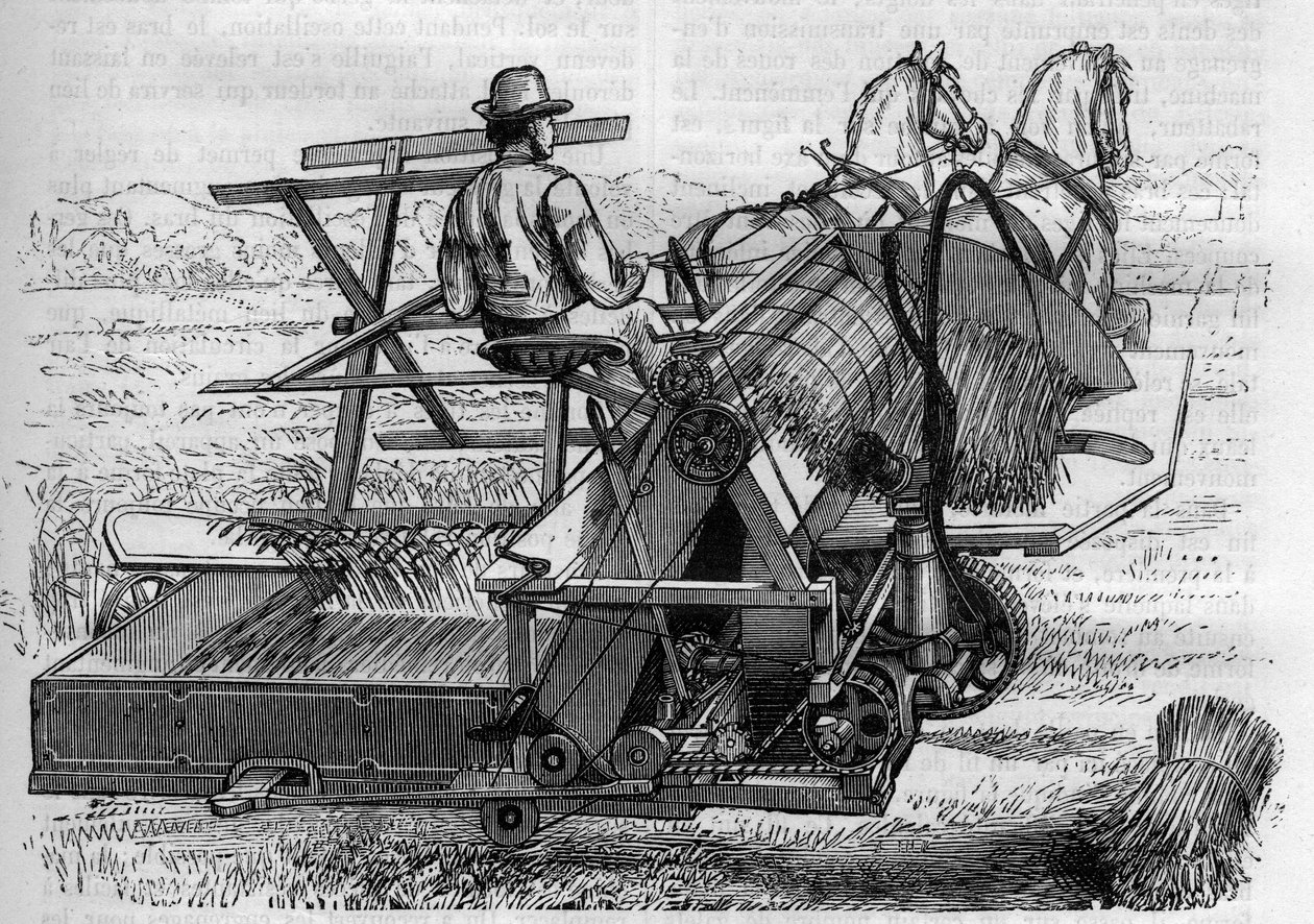 Agriculture and Agricultural Machinery: A New Harvester Drawn by Horses That Automatically Bind the Sheaves of Wheat in the Fields. Engraving in La Nature by Unknown artist