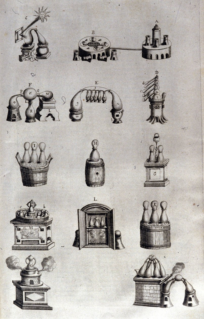Alchemy: board representing different models of distillation apparatus and stills. Athanase Kircher, German Jesuit. 17th century engraving by Unknown artist