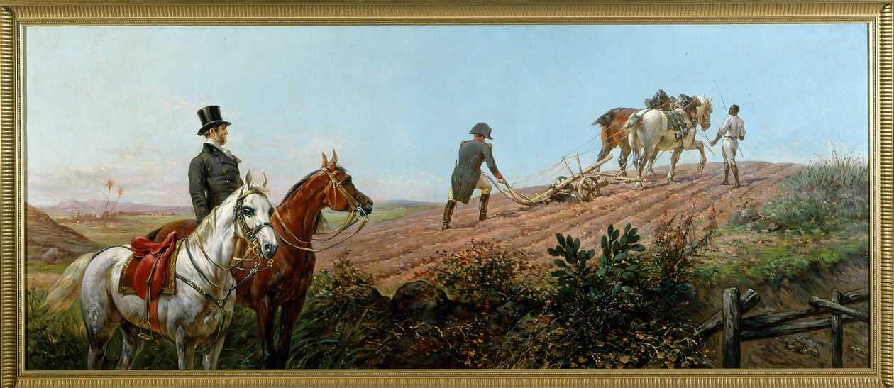 Allegory depicting Napoleon plowing under the supervision of his black servant in St. Helena by Unknown artist