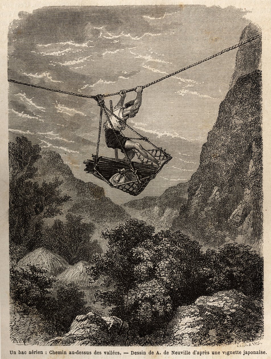 An air ferry, path above the valleys, a kind of string basket is suspended from a rope, for the transport of men and materials, its displacement is done by the strength of the arms, pulling the suspension rope. Engraving to illustrate the voyage to Japan by Unknown artist