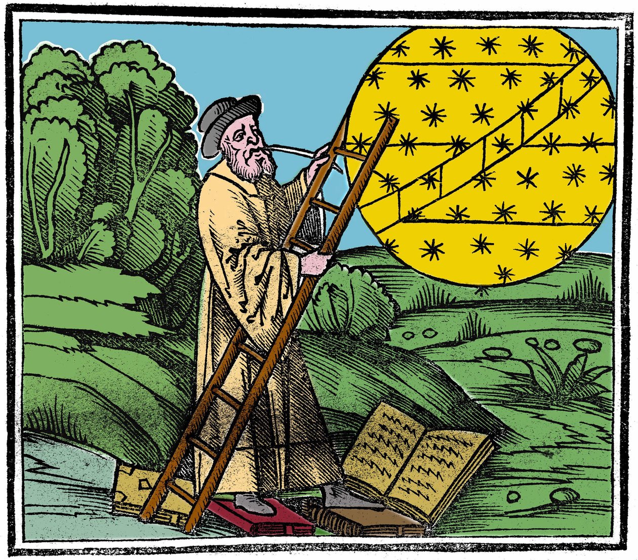 An astronomer putting a ladder to climb into the sky. by Unknown artist