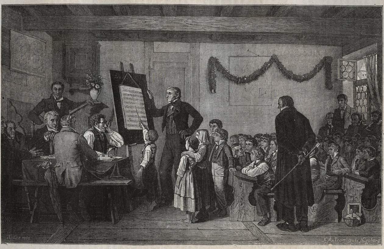 An examination session at a Swiss school - engraving in 