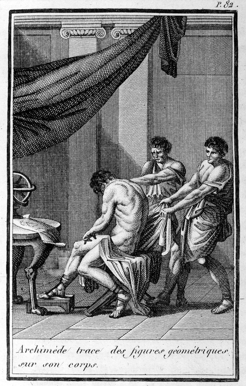 Archimedes traces geometric figures on his body by Unknown artist