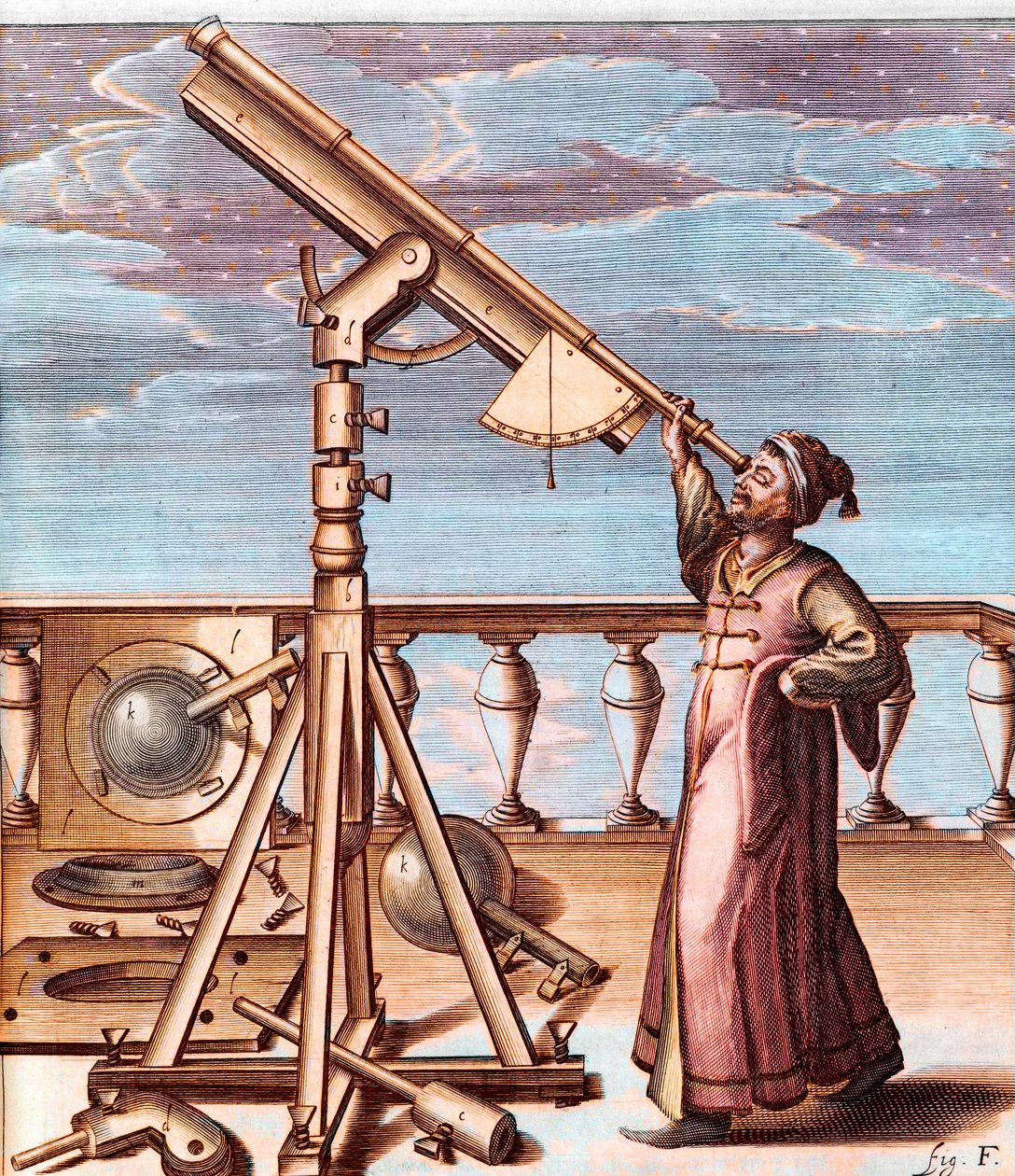 Astronomer observing the sky with a telescope - from: Johannes Hevelius, Selenographia, sive Lunae descriptio (Selenography, or A Description of The Moon) by Unknown artist