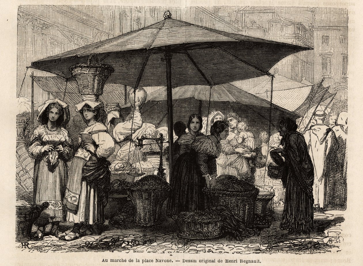 At the foot of Piazza Navona, Rome (Italy). Engraving to illustrate the voyage to Rome, by Francis Wey, in 1864-1868, published in 