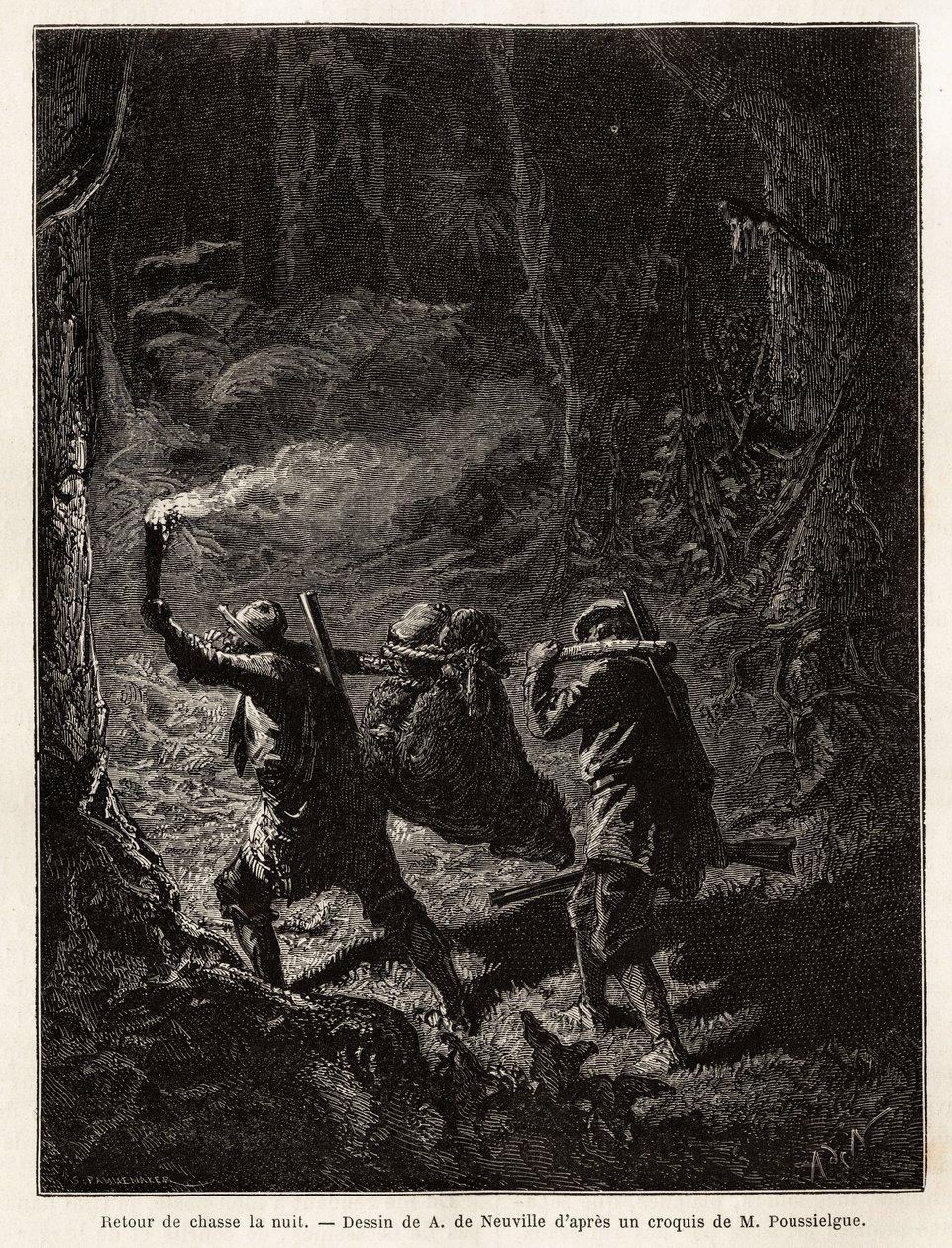 Back from hunting at night, the prey, a bear, is tied up and suspended from a branch that the hunters carry on the shoulder. Engraving to illustrate the story Quatre mois en Florida, by M. Pousselgue, in 1851-1852, published in le tour du monde, under the  by Unknown artist
