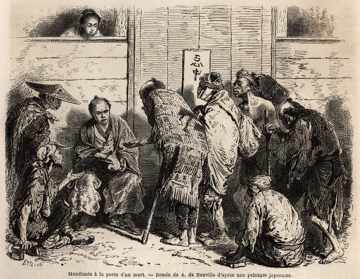 Beggars at the door of a dead man, customary practice imposes on wealthy families the obligation to set up at the door of their house, on the eve of the funeral ceremony, a servant responsible for distributing alms in small currency to all the poor who by Unknown artist