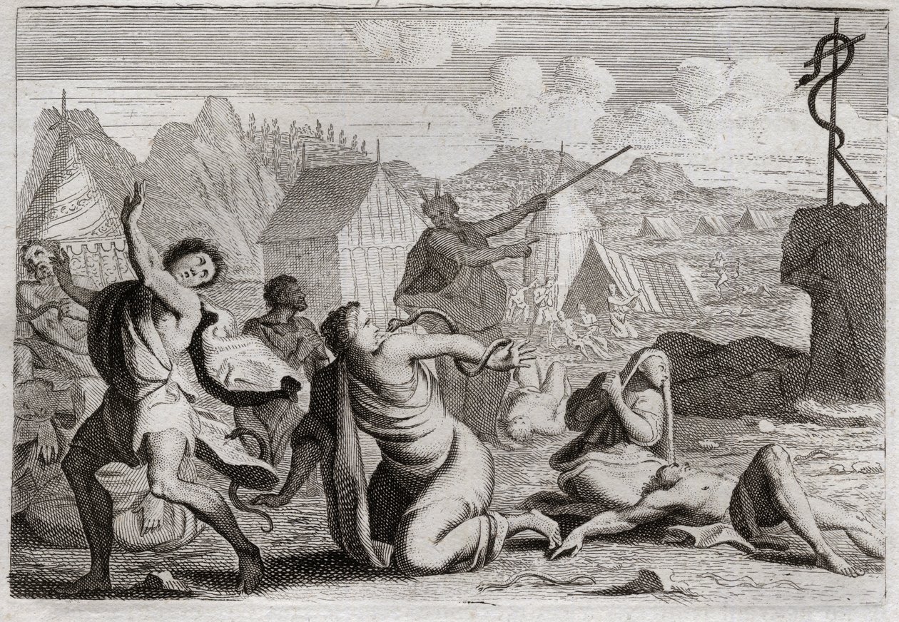 Bible of Royaumont, Old Testament: Brazen Snake. The people murmuring against God and against Moses, are punished by serpents of fire; from which they were wounded by a serpent of brazen, which Moses had raised to be seen from all the people. Illustration  by Unknown artist