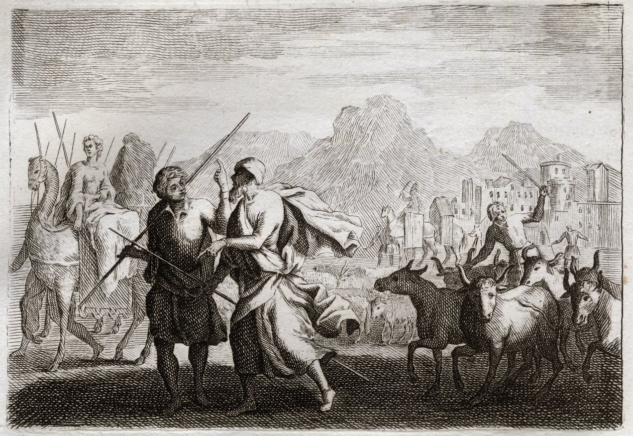 Bible of Royaumont, Old Testament: Calling of Abraham. God calls Abraham, and commands him to leave the land of the Chaldeans to come into a land which he promised to give him. Illustration from 1811 by Unknown artist