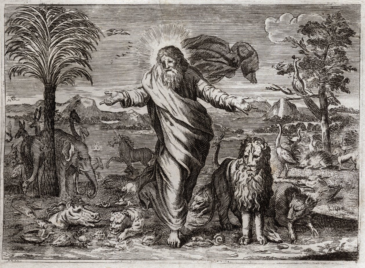 Bible of Royaumont, Old Testament: Creation of the World. God creates Heaven and Earth out of nothing, and in six days adorns it and populates it with creatures of all kinds. Illustration from 1811. by Unknown artist