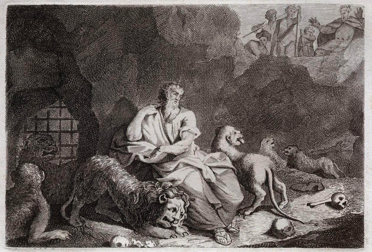Bible of Royaumont, Old Testament: Daniel in the Lions pit. Daniel is put into the Lions pit, and miraculously is drunk. Illustration from 1811. by Unknown artist