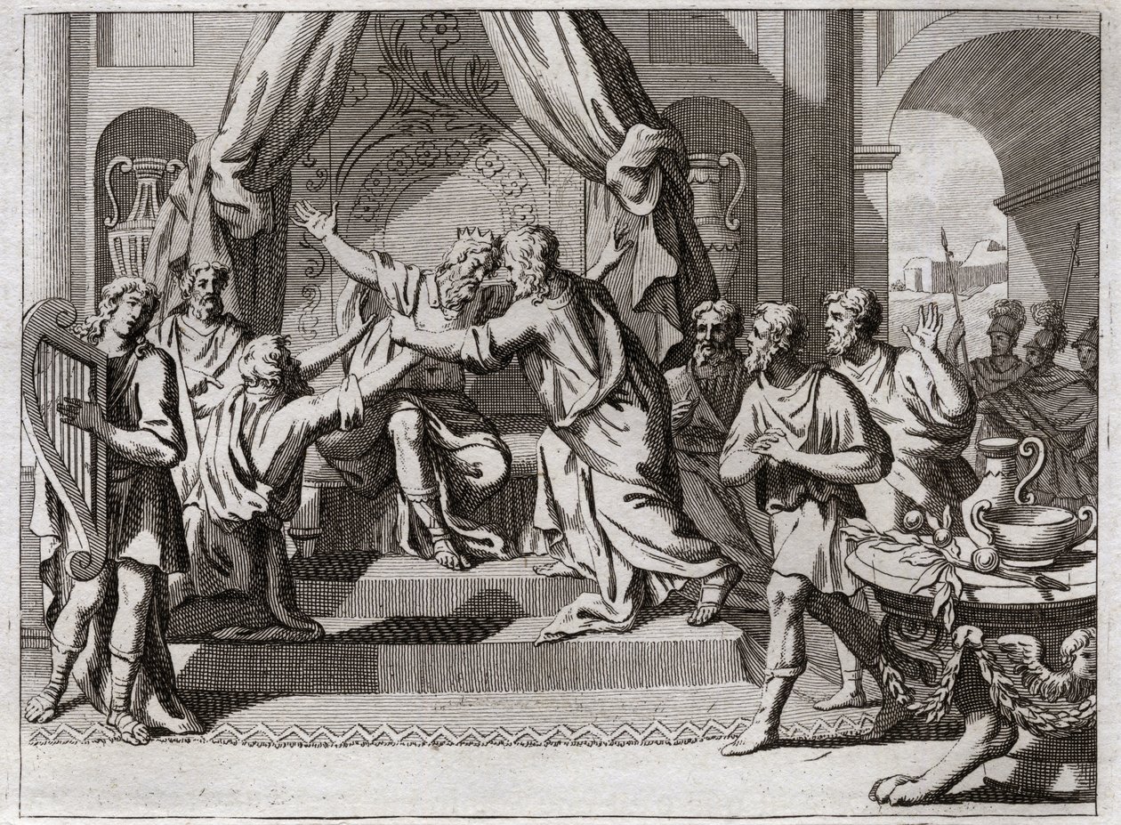 Bible of Royaumont, Old Testament: David plays the harp. Saul being rejected from God, is seized by the evil spirit. We