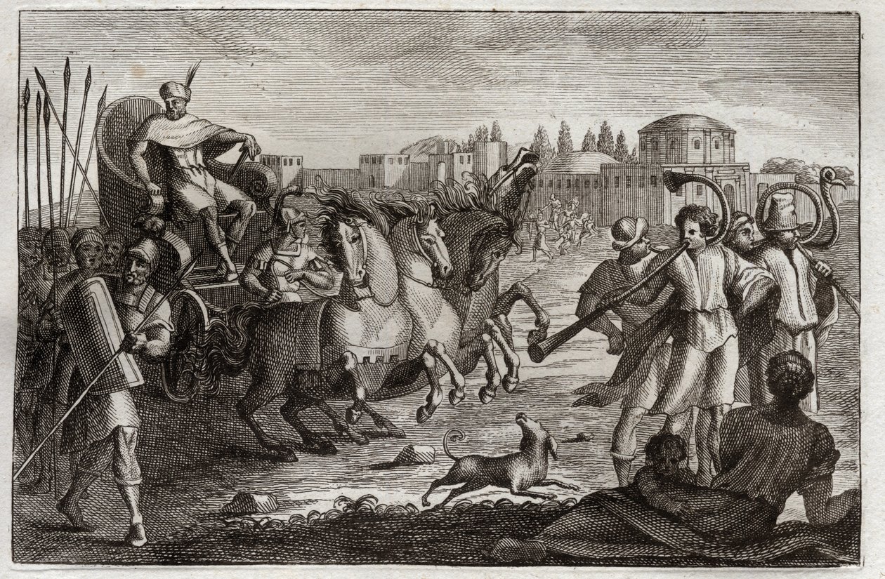 Bible of Royaumont, Old Testament: Elevation of Joseph. Joseph is raised in glory. Illustration from 1811. by Unknown artist