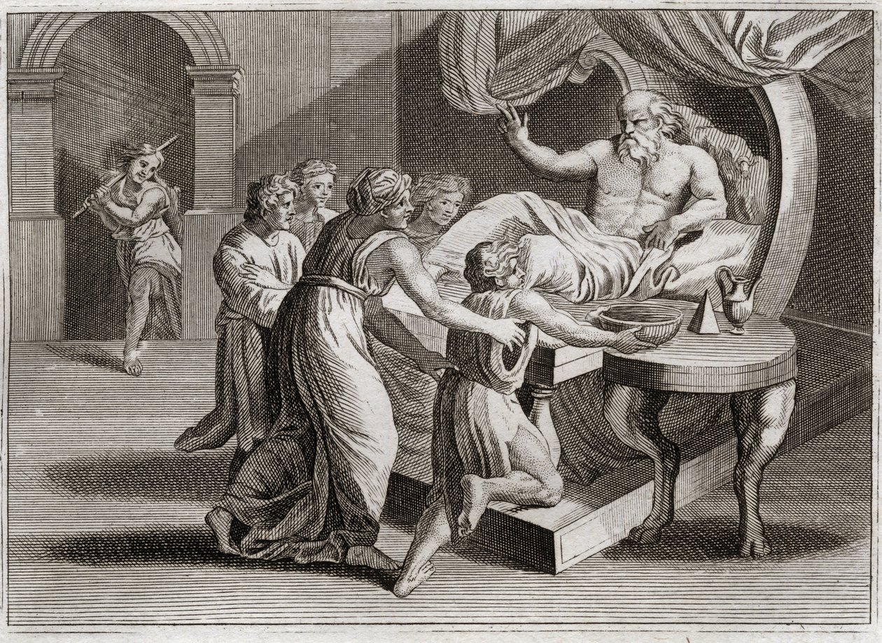 Bible of Royaumont, Old Testament: Isaac blessed Jacob. Isaac, desiring to bless Esau, gives his blessing to Jacob by the wisdom of Rebekah, to whom it belonged according to the plan of God. Illustration from 1811 by Unknown artist