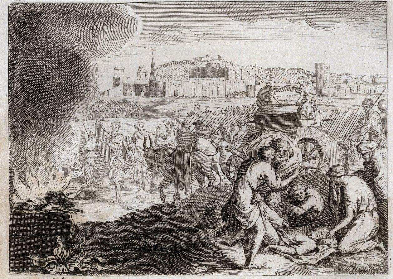 Bible of Royaumont, Old Testament: Uzzah struck by God. David wants to bring the Ark of the Covenant back home. Uzzah died, who put his hand there to stop it from falling. Illustration from 1811. by Unknown artist