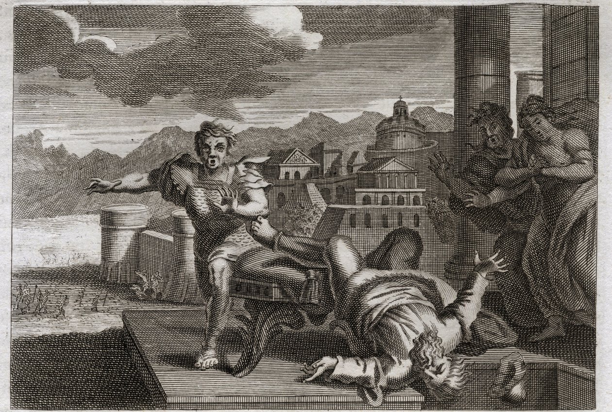 Bible of Royaumont, Old Testament: Punishment of Eli. God, in order to punish the great priest Eli for his negligence in taking over the orders of his children, allows him to fall from his seat and break his head by hearing the news of their death. Illustr by Unknown artist