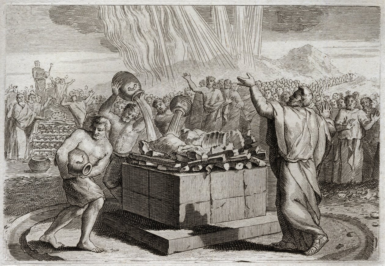 Bible of Royaumont, Old Testament: Sacrifice of Elijah. And having made the true God known by the miracle of fire which came down from heaven upon his sacrifice, commanded the people to kill the four hundred and fifty priests of the idol of Baal. Illustrat by Unknown artist