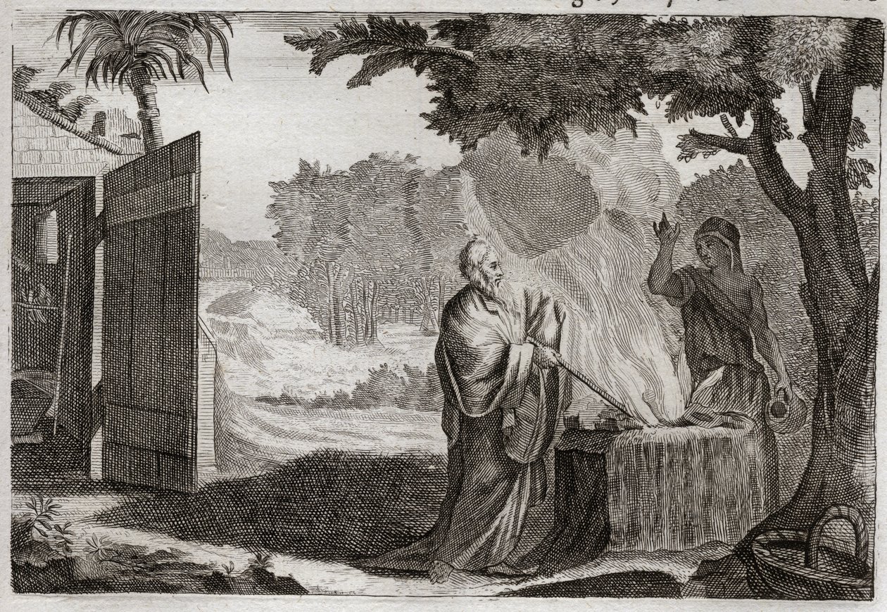 Bible of Royaumont, Old Testament: Sacrifice of Gedeon. Gedeon (Gideon) is called by God to take away the Jews from their enemies. He offers a sacrifice on a stone, from which he comes out a fire that consumes it. Illustration from 1811 by Unknown artist