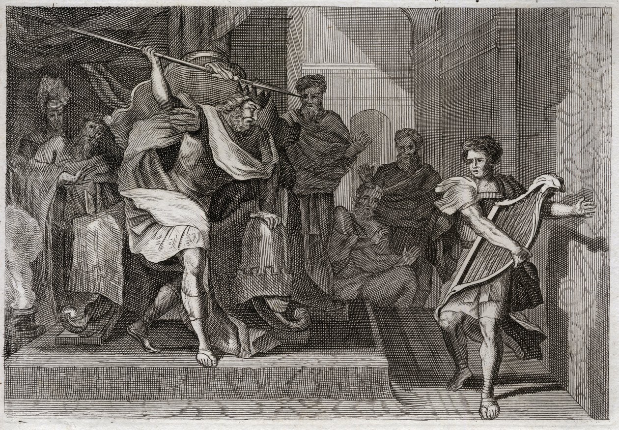 Bible of Royaumont, Old Testament: Saul wants to kill David. Saul full of anger and envy against David, wants to pierce his spear when he played the harp in front of him. Illustration from 1811 by Unknown artist