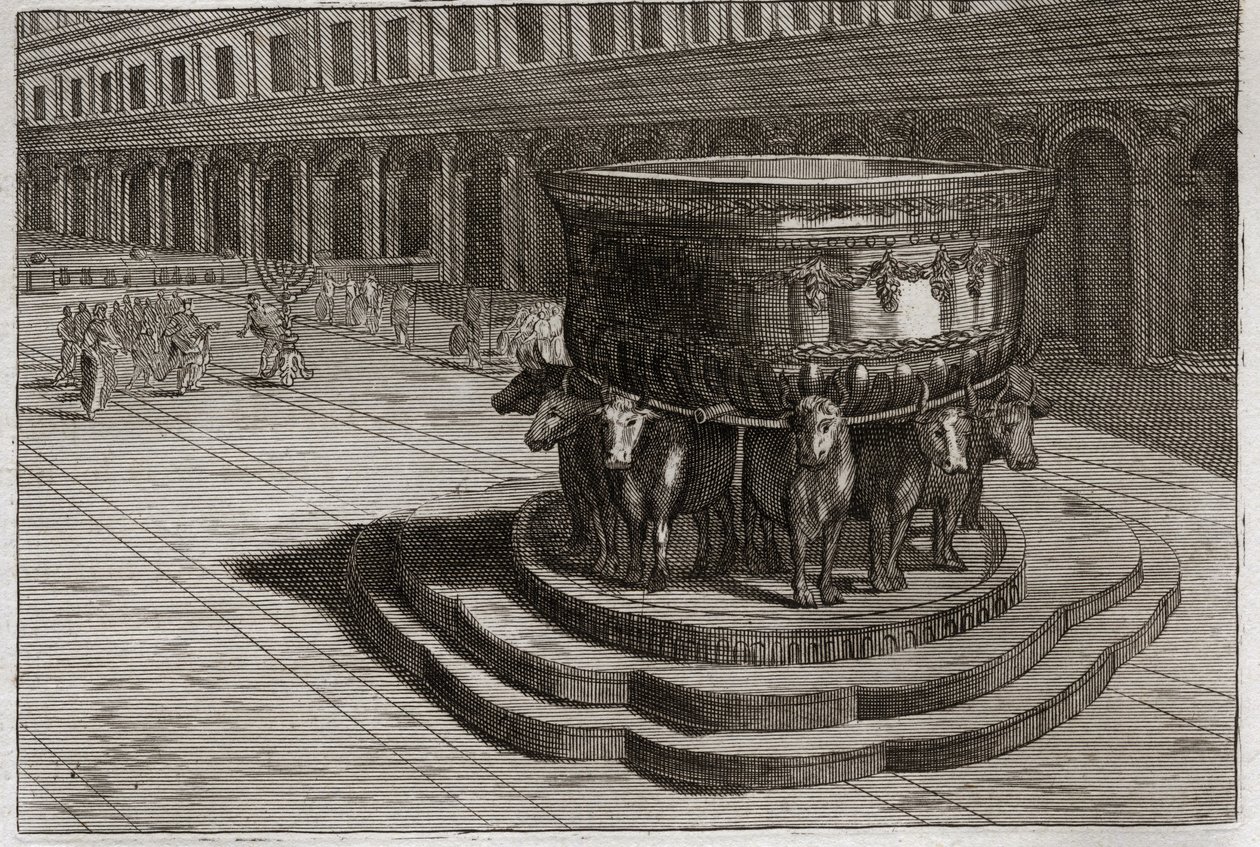 Bible of Royaumont, Old Testament: Sea of bronze. Cast iron usually calls the Sea of bronze to wash the feet and hands of the priests when they enter the temple. Illustration from 1811 by Unknown artist