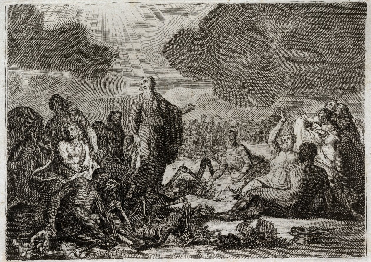 Bible of Royaumont, Old Testament: Second vision of Ezekiel. The vision that the Prophet Ezekiel had from several bones all dried up which took up a human form. Illustration from 1811. by Unknown artist