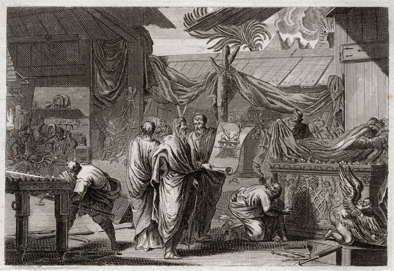 Bible of Royaumont, Old Testament: The Tabernacle. Moses sets up the Tabernacle according to the order he had received from God. Illustration from 1811. by Unknown artist