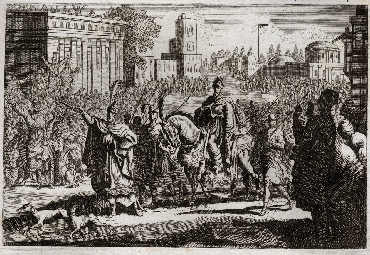 Bible of Royaumont, Old Testament: Triumph of Mordecai. Haman is forced by the King to proclaim the triumph of Mordecai his enemy throughout the city of Susa. Illustration from 1811. by Unknown artist