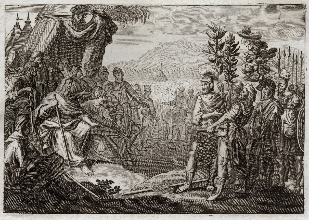 Bible of Royaumont, Old Testament: Twelve spies. Moses sent twelve spies to recognize the land of Canaan (Promised Land). They make the people whisper, and God, to punish them with this murmur, assures them that they will never enter this earth. Illustrati by Unknown artist