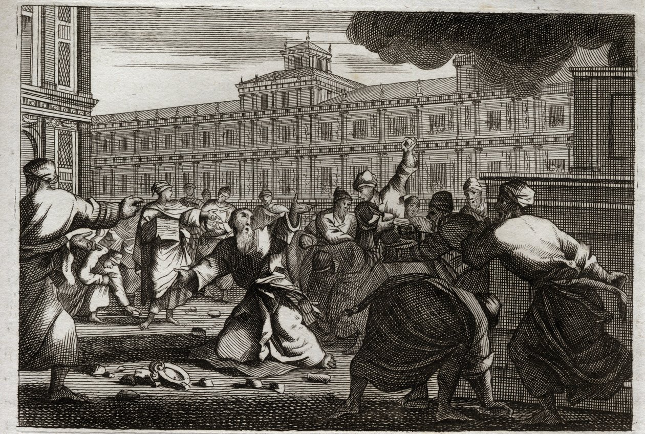 Bible of Royaumont, Old Testament: Zechariah stoned. Zechariah, the High Priest, is stoned by the command of Joash (Jehoash) king of Judah, because he took him from his orders. Illustration from 1811. by Unknown artist