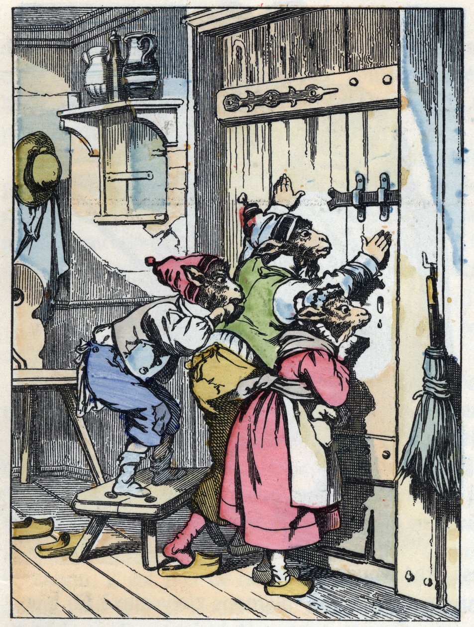 Biquets listen to who knocks on the door. Illustration of the tale 