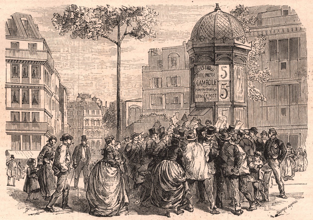 Boulevard Pigalle in Paris: Parisian crowd around a Morris column during the selling of the newspapers by Unknown