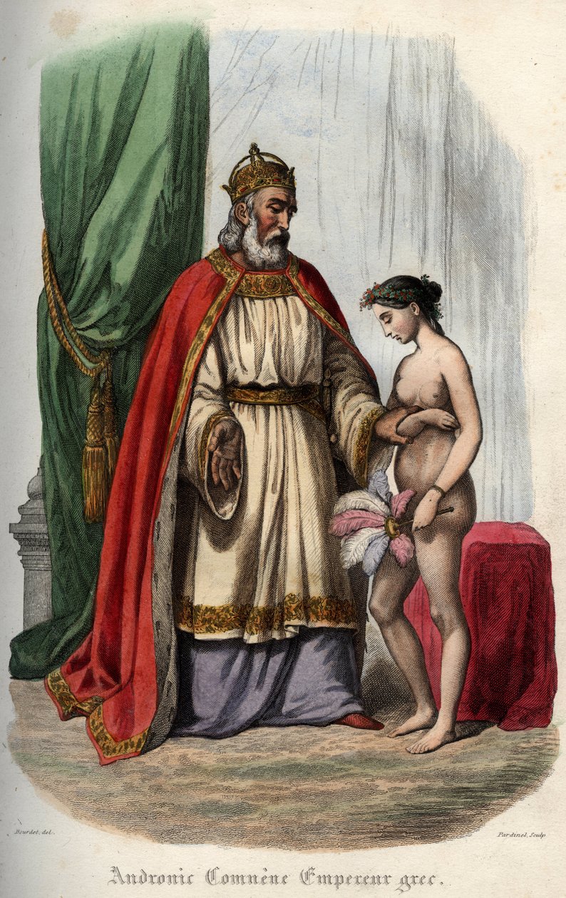 Byzantine Emperor Andronikos I Komnenos and His Wife Agnes of France Forced to Appear Naked for His Orgy. Engraving from 1842 in 