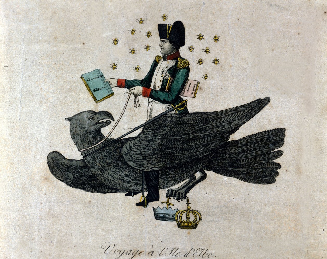 Cartoon about Napoleon about his exile on Elba Island. Napoleon on an ...