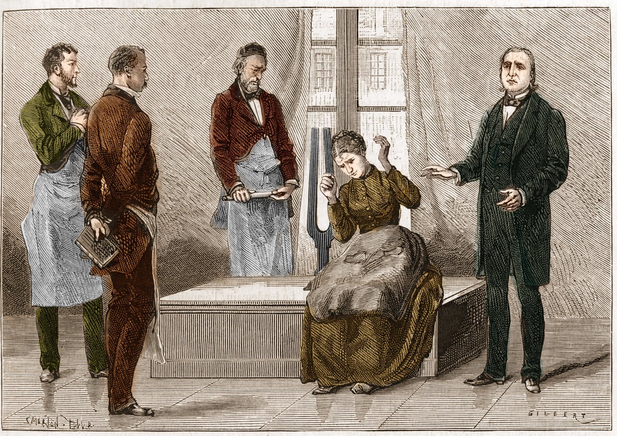 Catalepsy Produced Under the Influence of Sound (Diapason). French Neurologist Jean Martin Charcot Demonstrating Hypnosis on a Patient in Salpetriere Hospital. Illustration from 
