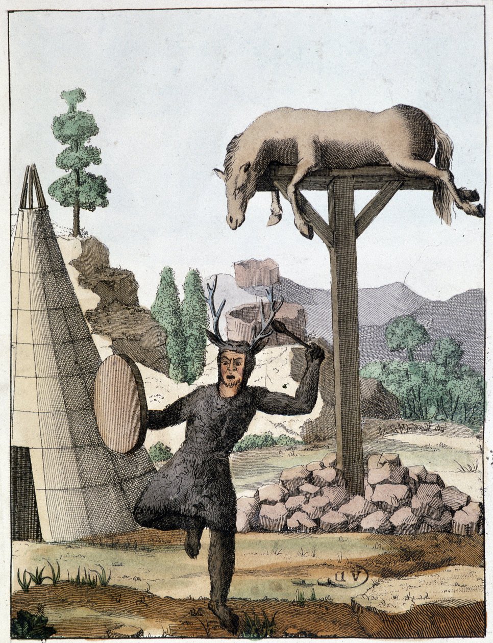 Chaman tonguse dancing in front of a burial (Siberia) - engraving, early 19th century by Unknown artist