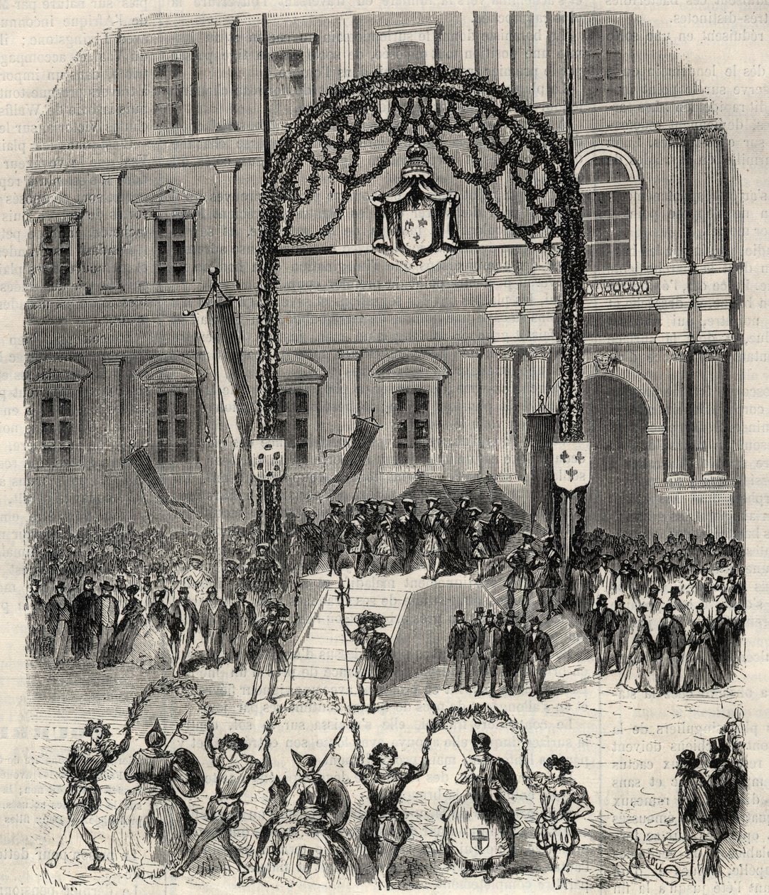 Charity feasts in Marseille commemorating the arrival of Francois I where he met Pope Clement VII: farandole danced at Place Saint-Ferreol in front of the grandstand of King Francois I. Engraving in 