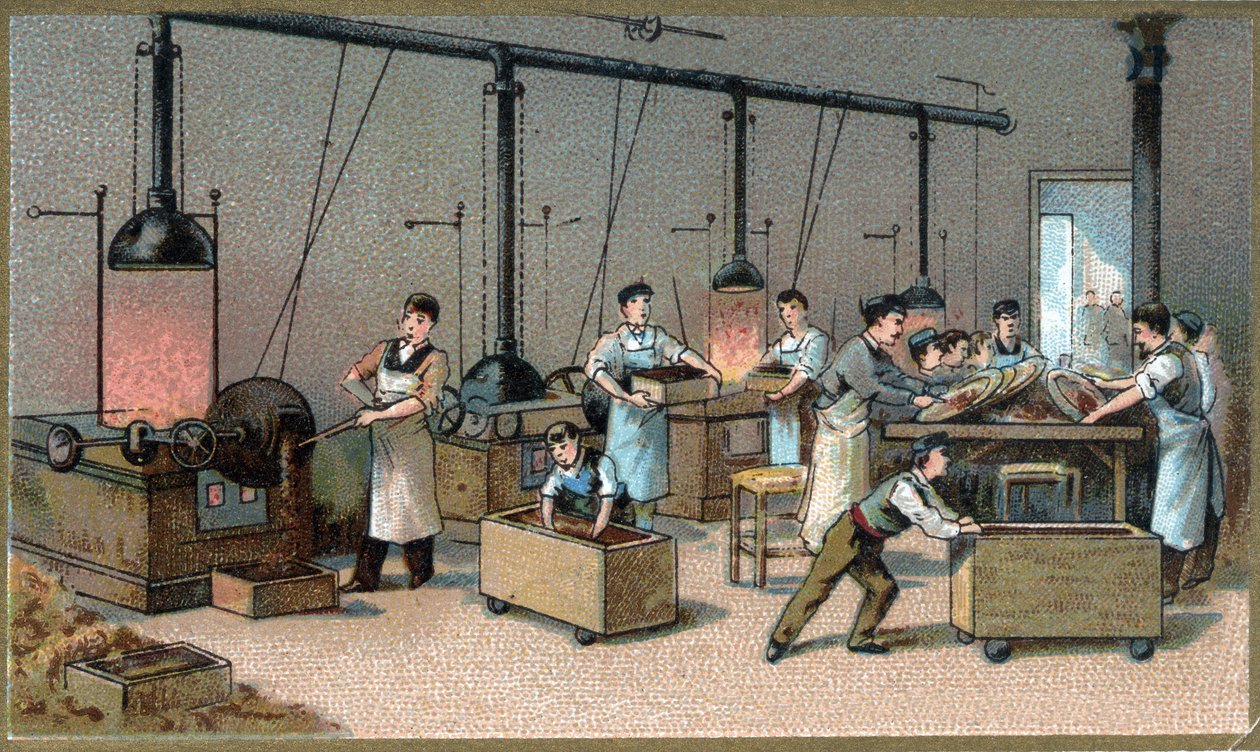 Chocolate making. Cocoa Torrefaction Room. Chromolithography of the late 19th century by Unknown artist
