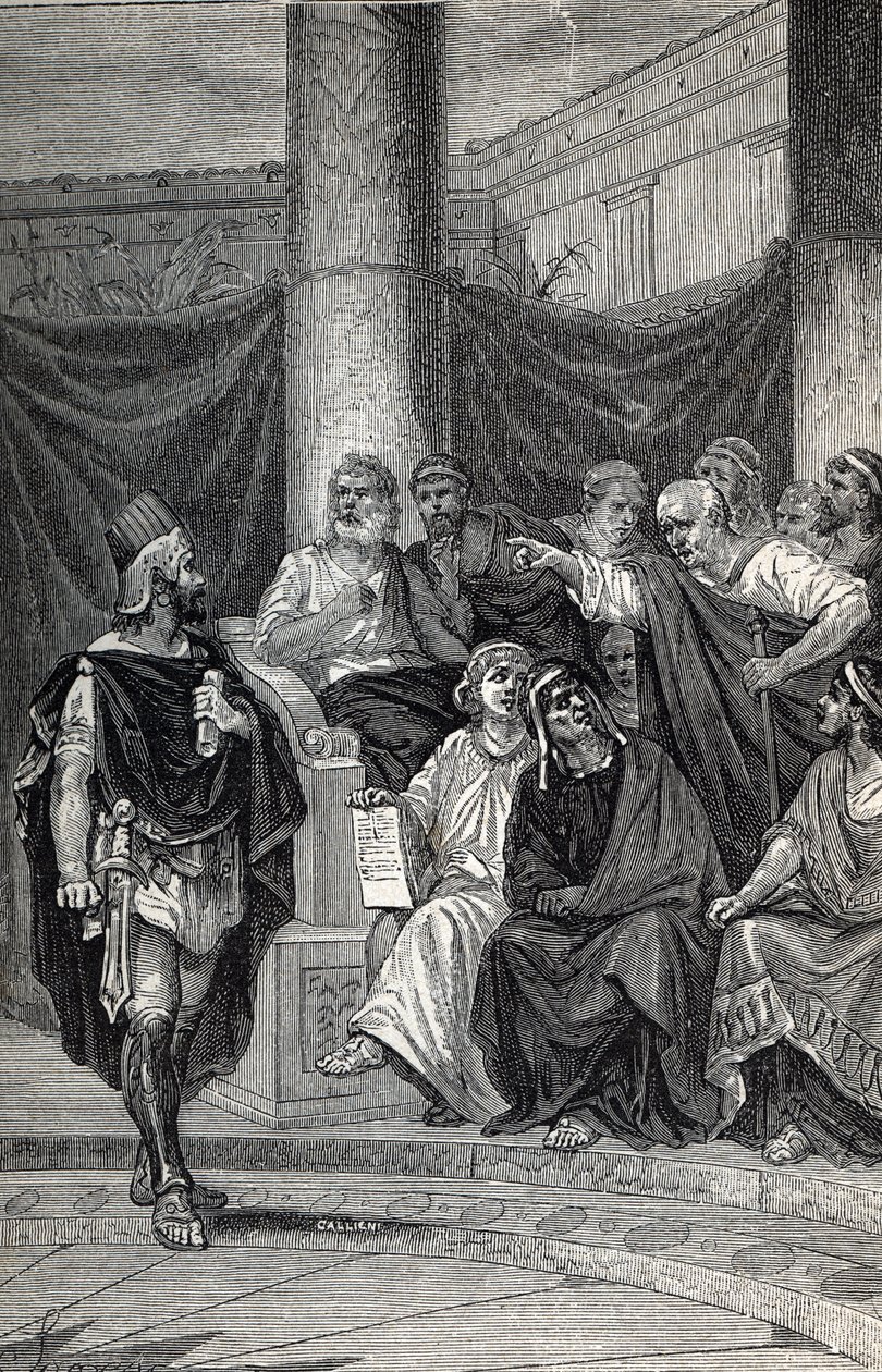Cineas Important Adviser of King Pyrrhus Trying to Negotiate with the Romans after the Battle of Heraclea 280 BC, Engraving 1884 by Unknown artist