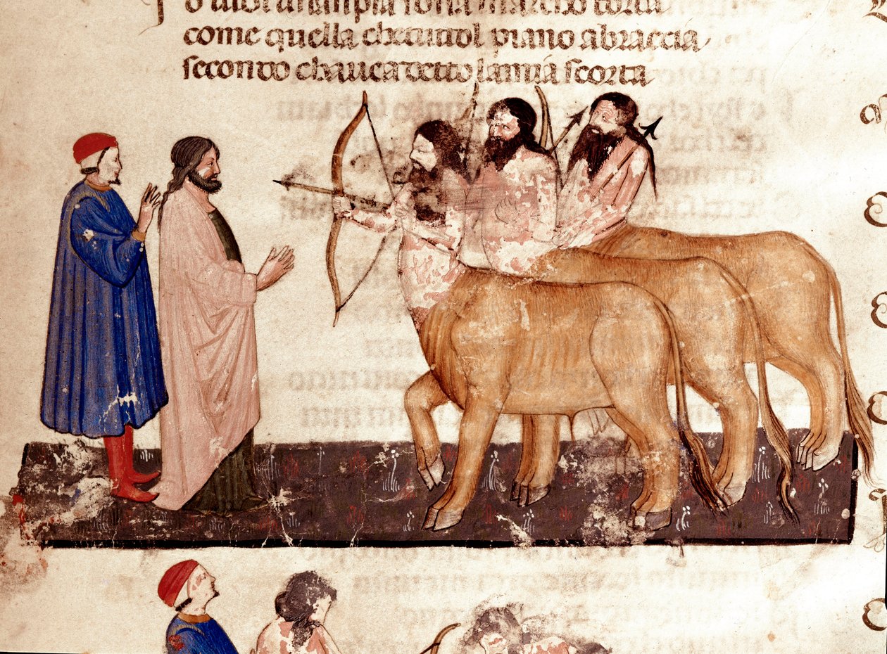 Circle of Violents: Dante and Virgil meet Centaurs armed with bows and arrows. Illuminated page illustrating the 7th song of Hell from the 