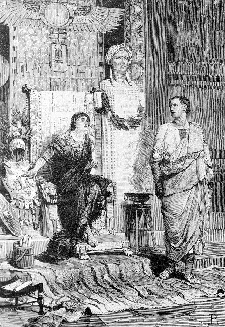 Cleopatra (69 BC - 30 BC), Queen of Egypt and Octave, came to talk with her after the defeat of Actium and the death of Marc Antony (19th century engraving) by Unknown artist