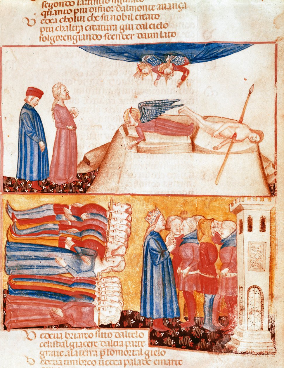 Dante and Virgil meet the souls of violently dead people. Illuminated page illustrating a song of the Antipurgatory from the 