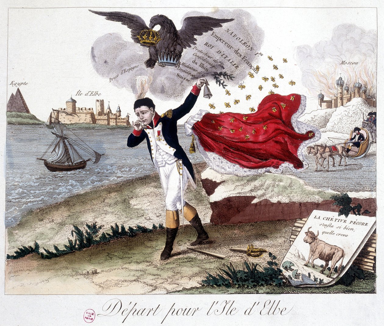 Departure for the Island of Elba: Napoleon Holding a Bell, an Imperial Eagle Above Reminding Him of His Titles, Moscow in Flames in the Background, and in the Foreground: Fable de Lafontaine: 