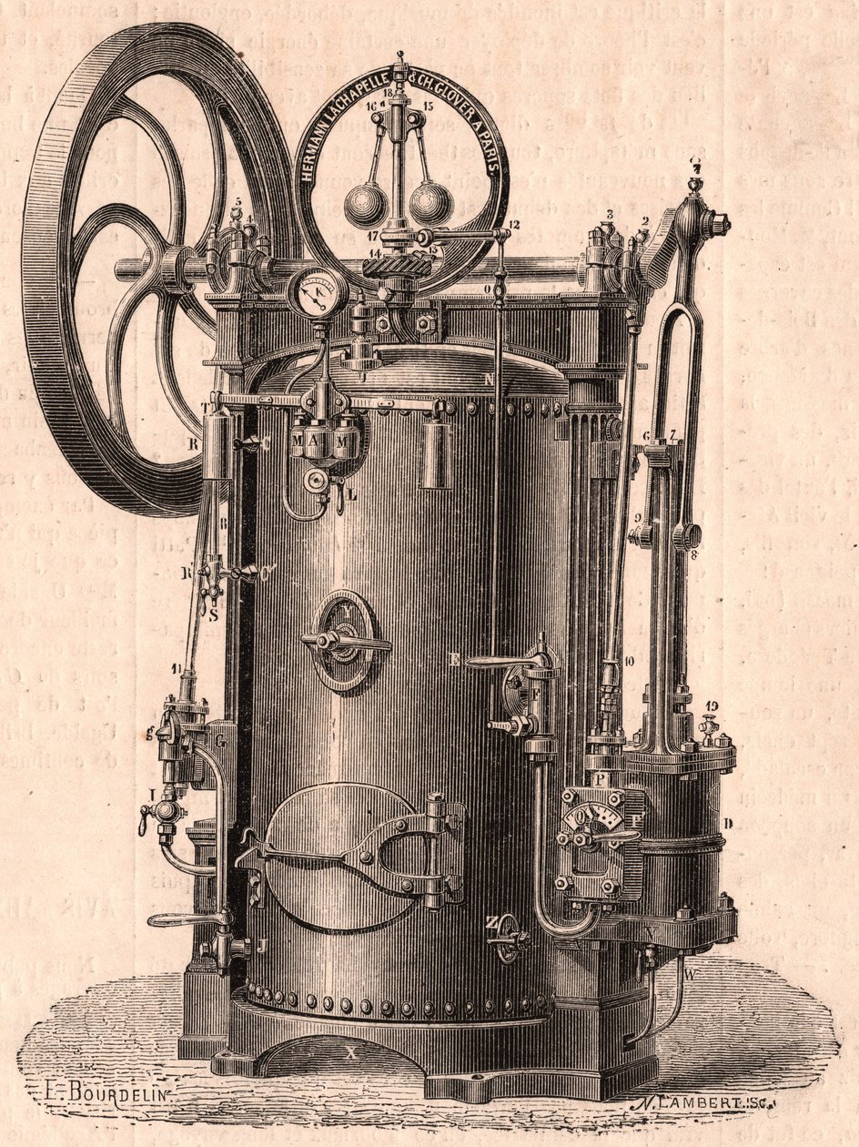 Detailed technical view of a small steam engine produced in Paris in 1866: boiler, cylinder, piston, connecting rod and flywheel by Unknown