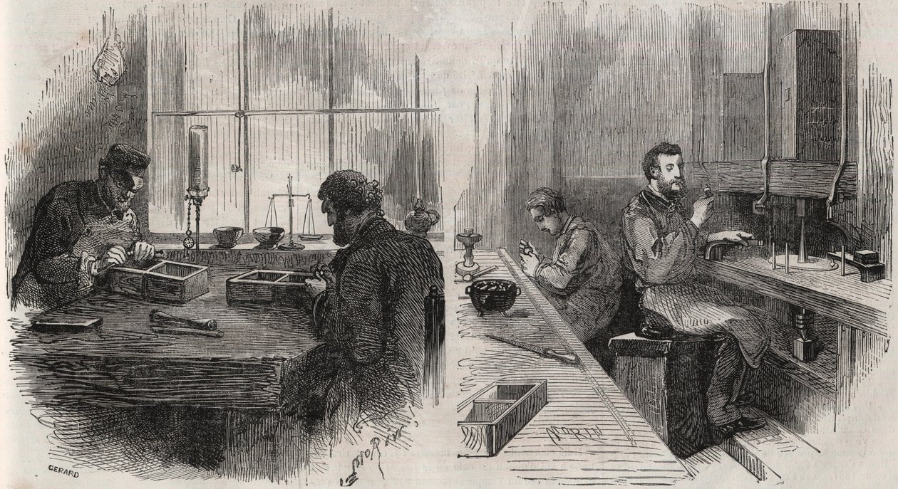 Diamond Cutting in a Workshop in the Netherlands: Splitters and Polishers (Engraving in Le Monde Illustré) by Unknown artist