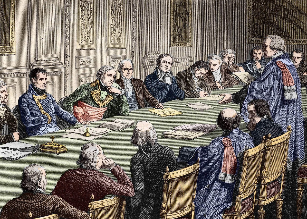 Discussion of the Civil Code at the Council of State (1800-1804), under the presidency of the first consul, Napoleon Bonaparte has his left Jean Jacques Regis de Cambaceres. Engraving of the 19th century. by Unknown artist